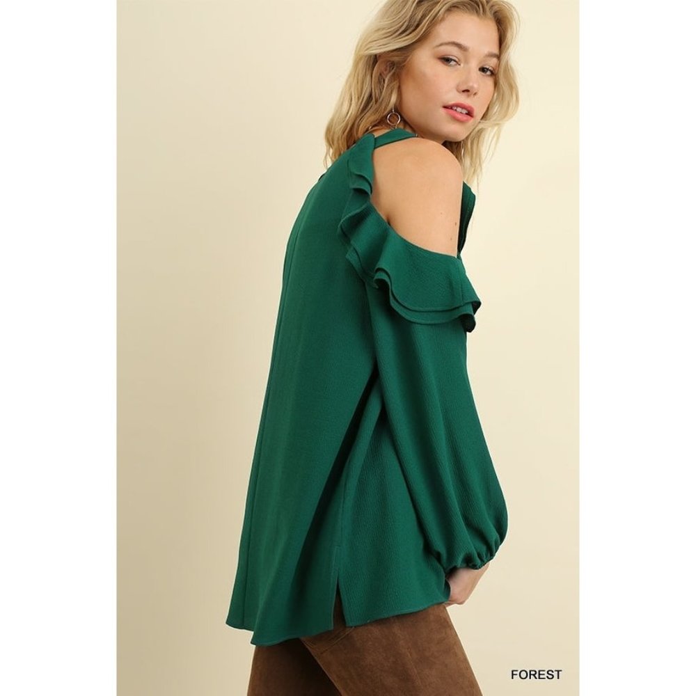 Umgee Ruffle Open Shoulder Blouse, Forest - Picture 3 of 4